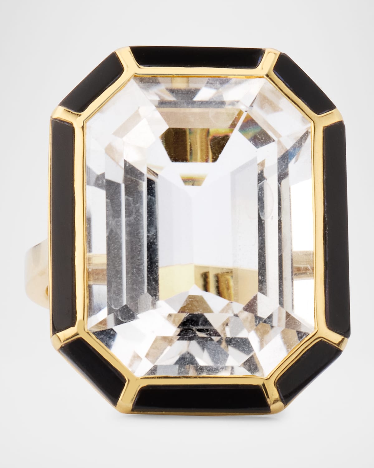 18K Yellow Gold Emerald-Cut Rock Crystal and Onyx Statement Ring