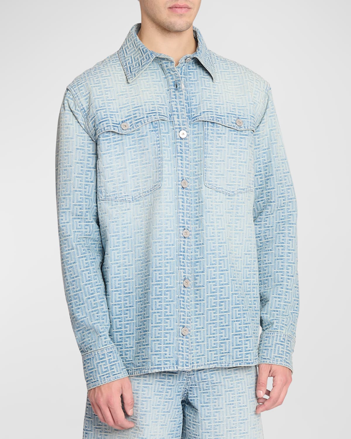 Shop Balmain Men's Jacquard Monogram Denim Overshirt In Blue