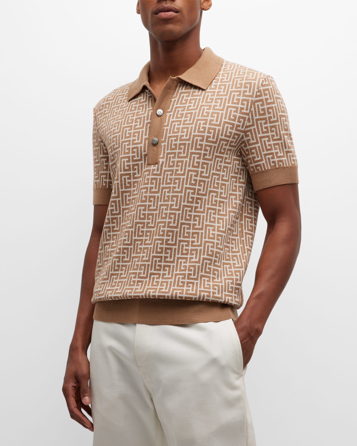 Balmain Intarsia-monogram Short-sleeved Polo Shirt In Beige