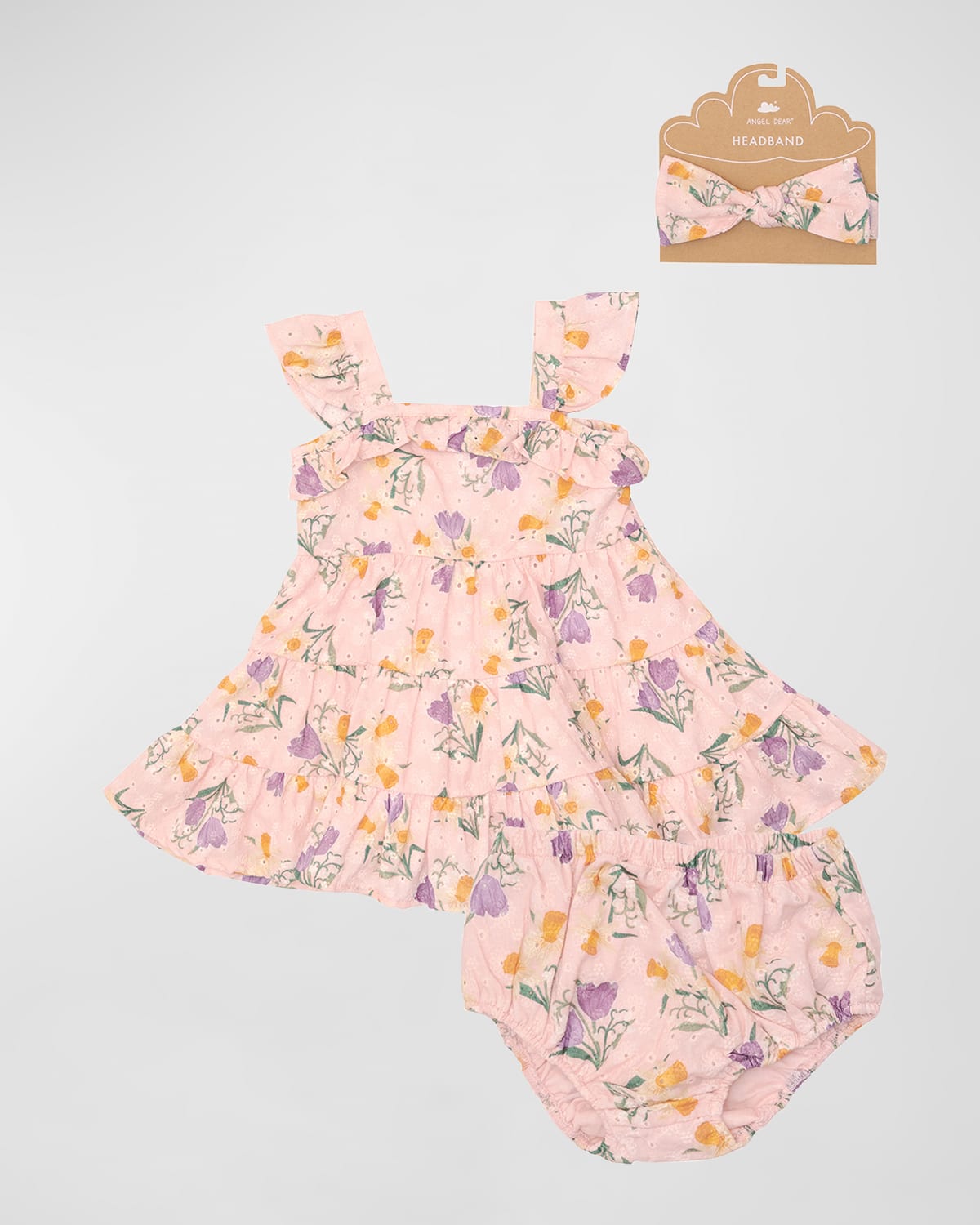 Girl's Eyelet Floral-Print Tiered Sundress W/ Diaper Cover & Headband, Size 6M-24M