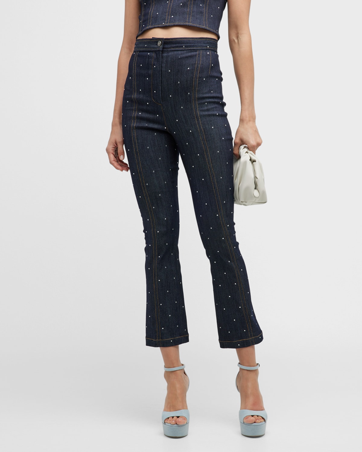 Cinq À Sept Ora Ditsy Rhinestone Cropped Bootcut Denim Pants In Indigo