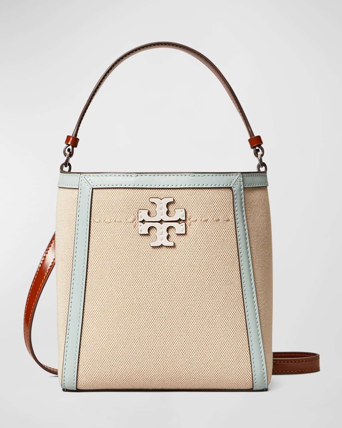 Tory Burch Mcgraw Small Canvas Bucket Bag In Natural / Sea Bub