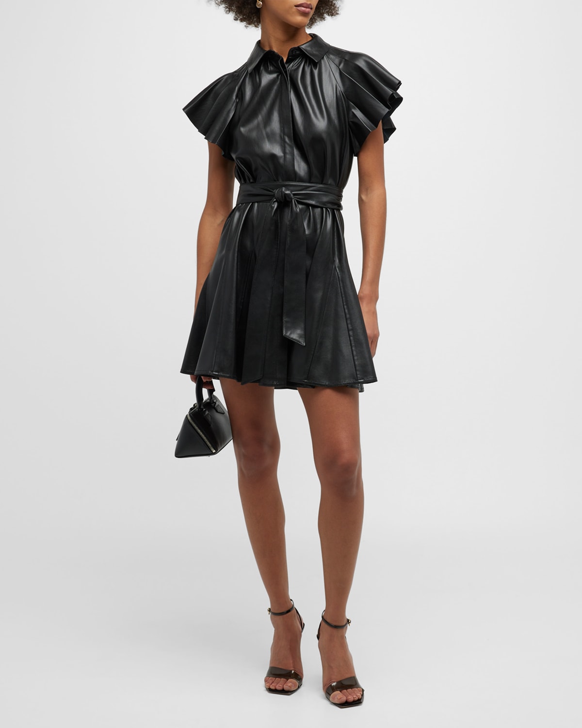 Alice And Olivia Mckell Vegan Leather Flutter-sleeve Mini Dress In Black
