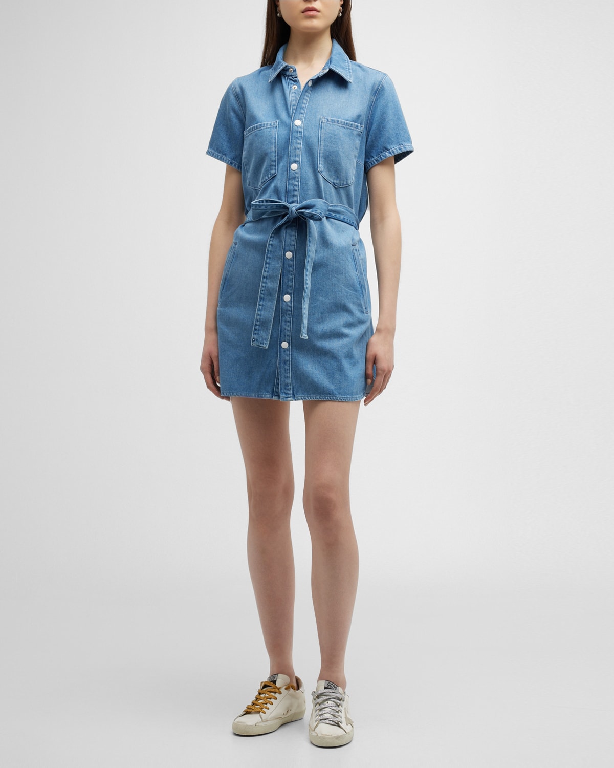 Shop Triarchy Ms. Sloan Short-sleeve Denim Mini Dress In Loved Indigo