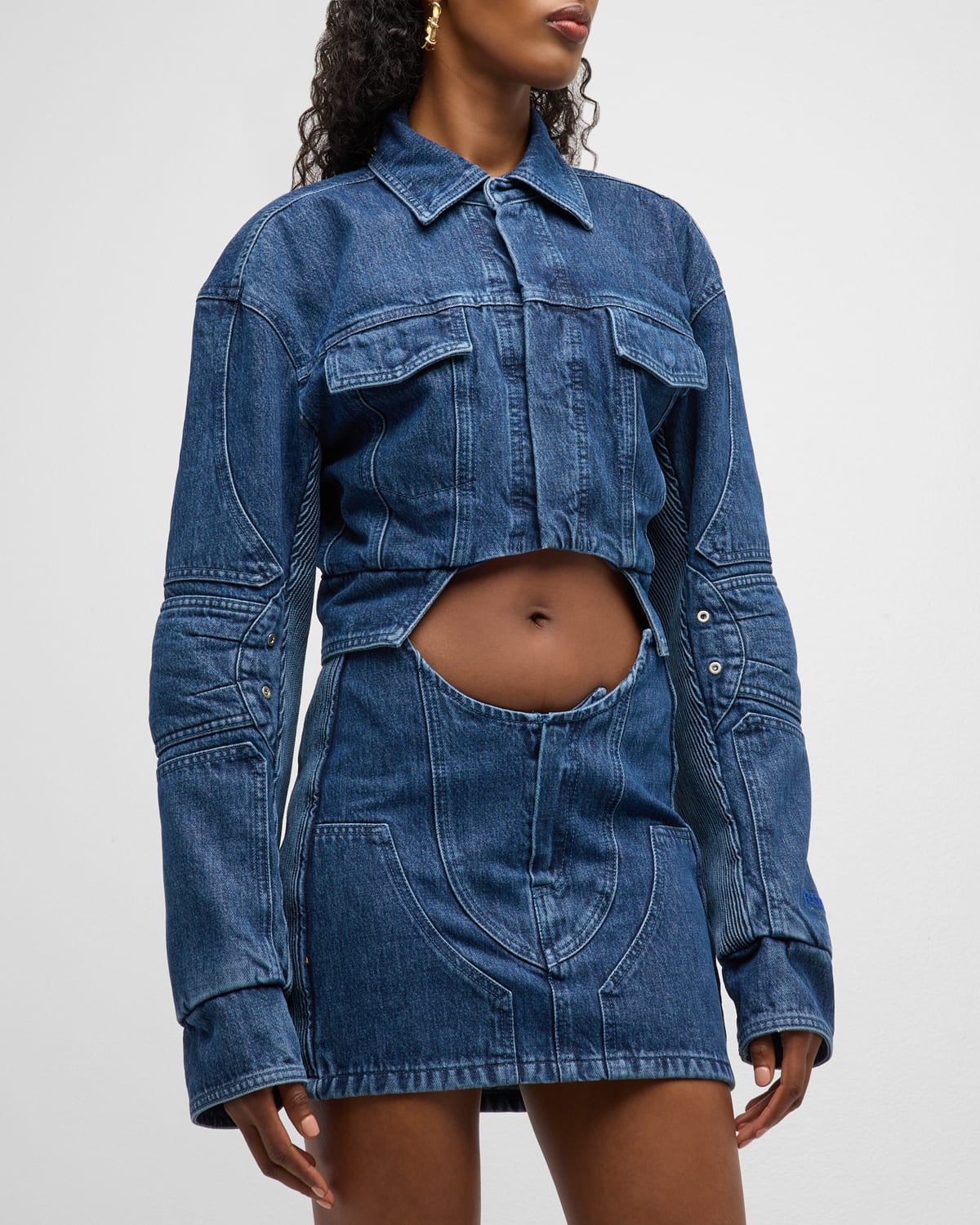 Off-white Cropped Denim Moto Jacket With Front Cutout In Blue No Color