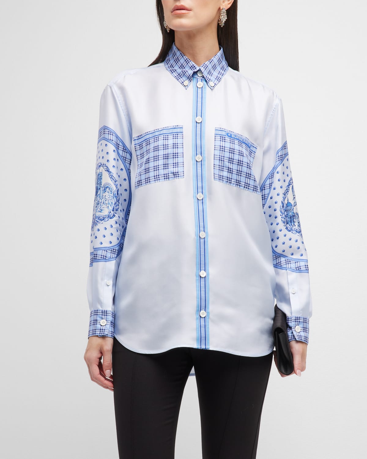 Burberry Checked Monument-print Silk Shirt In Foxglove Blue Ip