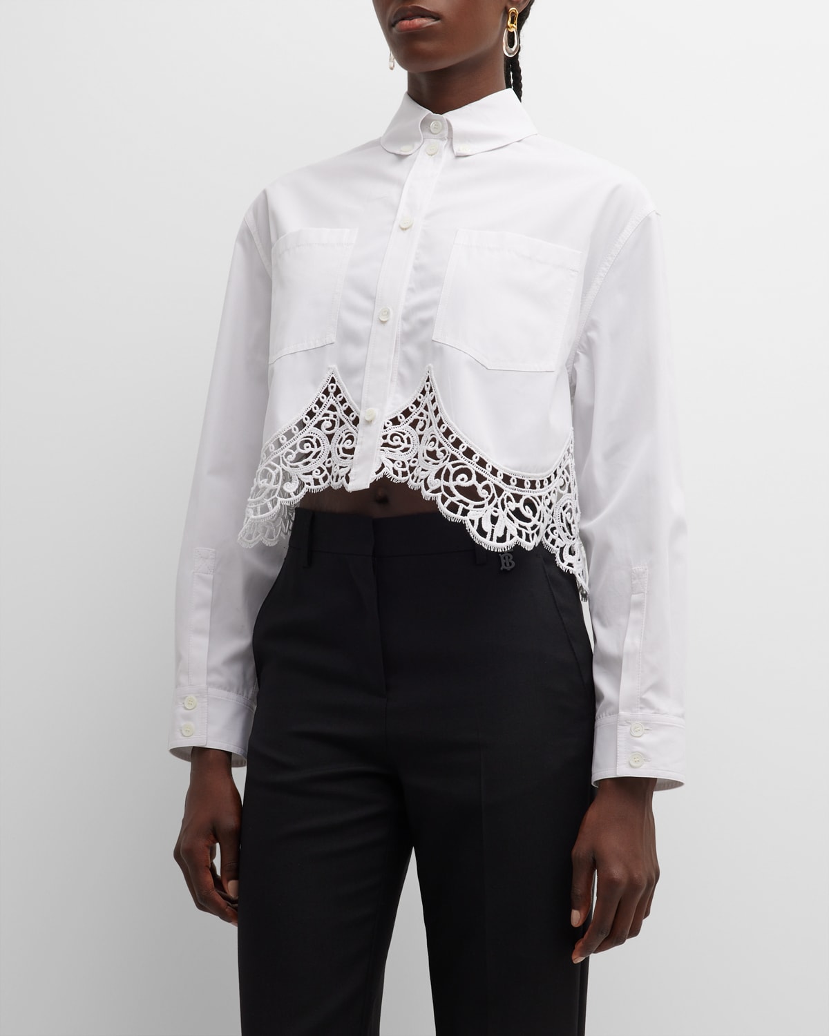 Shop Burberry Button-front Blouse With Lace Trim In Optic White