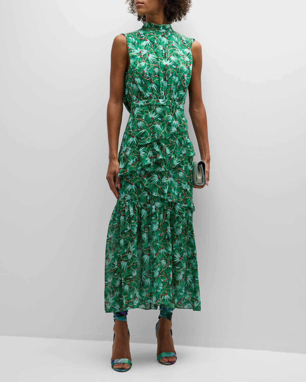 Saloni Fleur Silk Sleeveless Tiered Ruffle Midi Dress Smart Closet