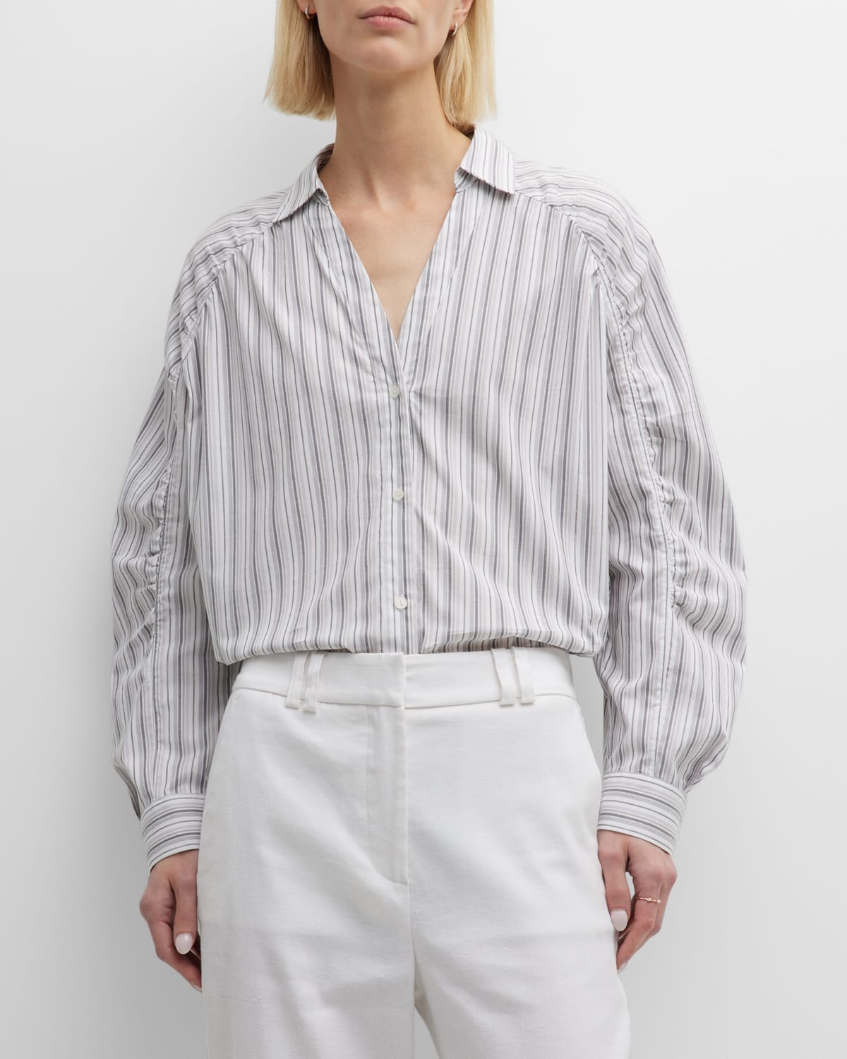 Tanner Striped Shirred-Sleeve Blouse