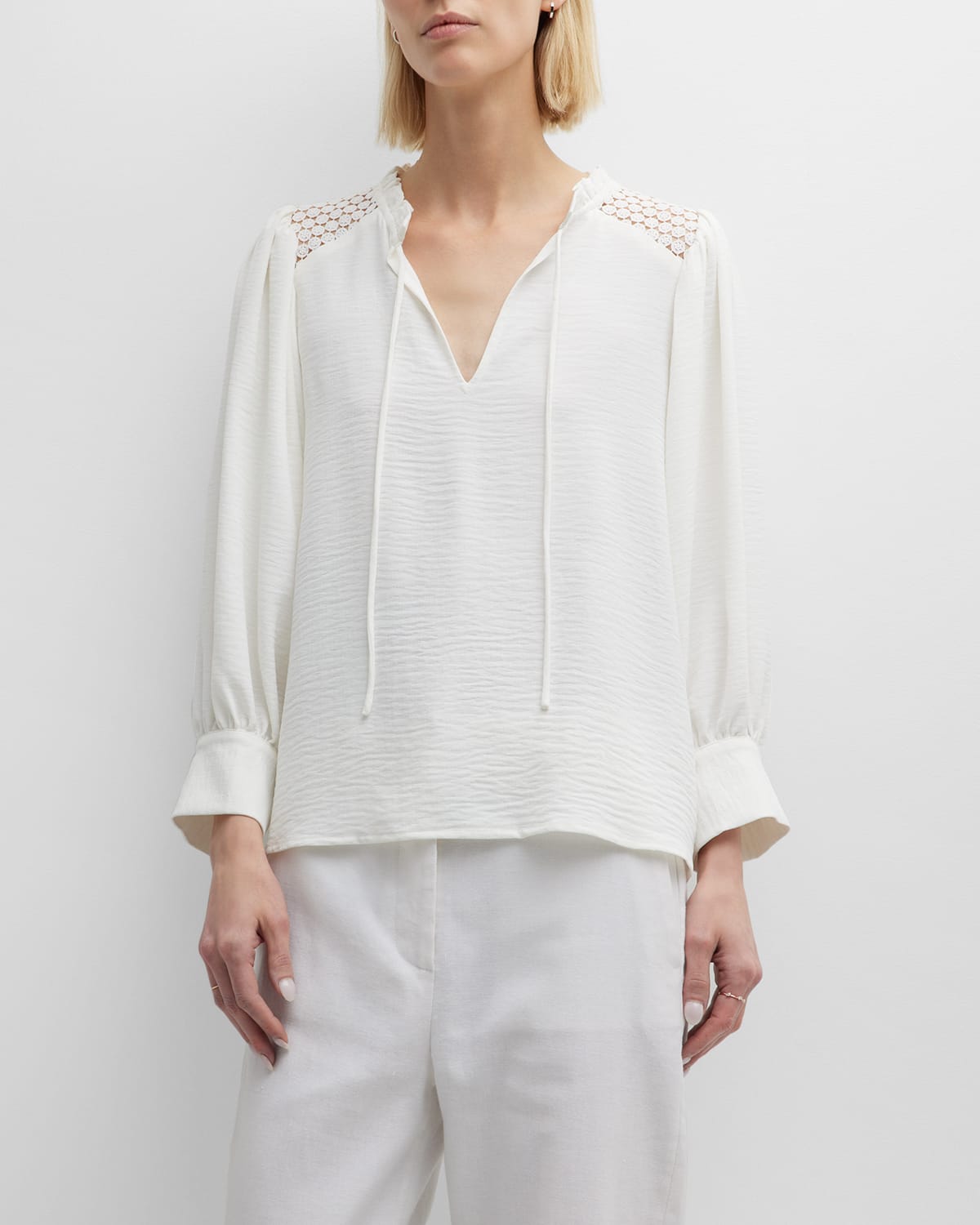 Tereza Blouson-Sleeve Lace-Inset Crepe Blouse