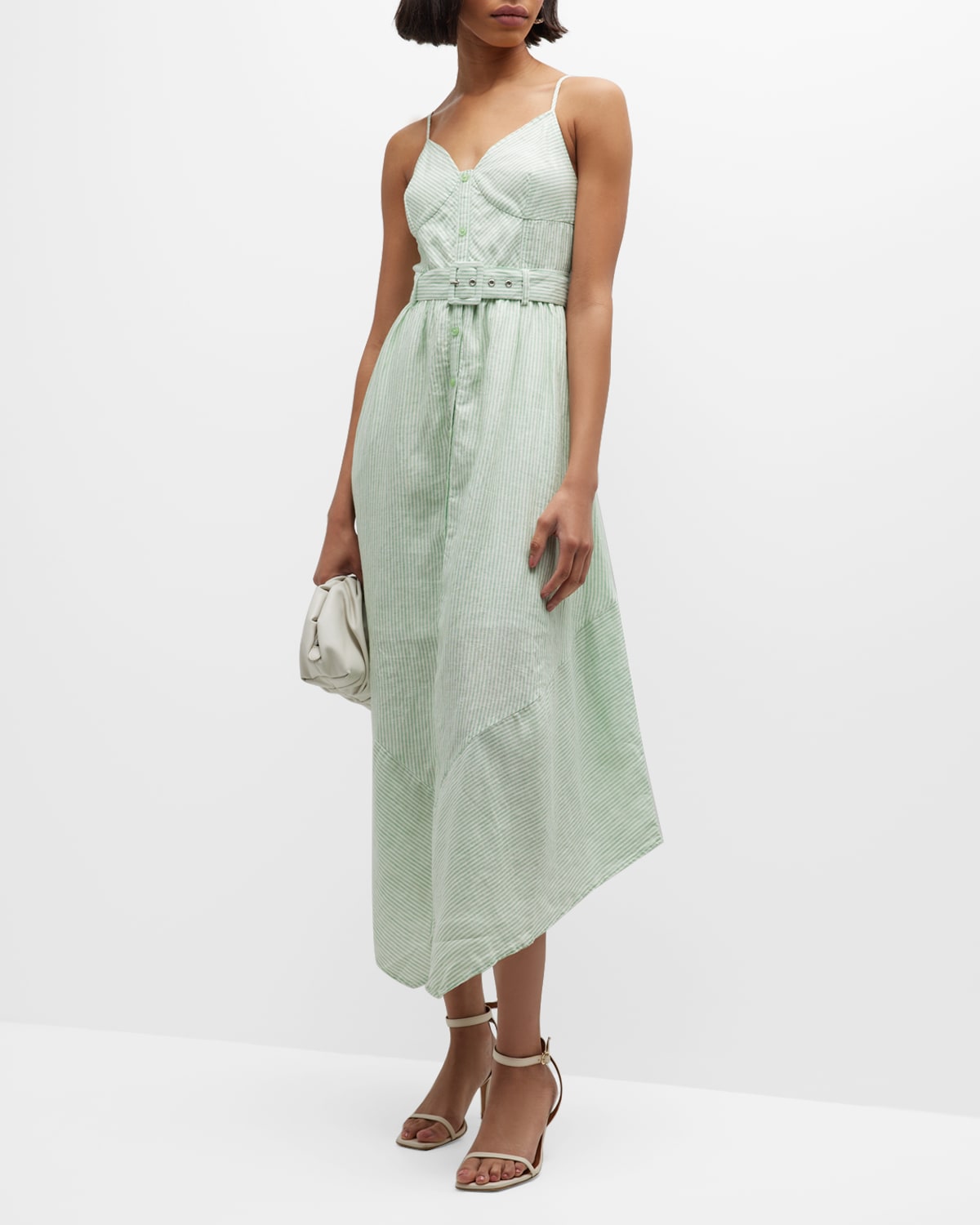 SIMKHAI LEIGHTON STRIPED LINEN BELTED HANDKERCHIEF MIDI DRESS