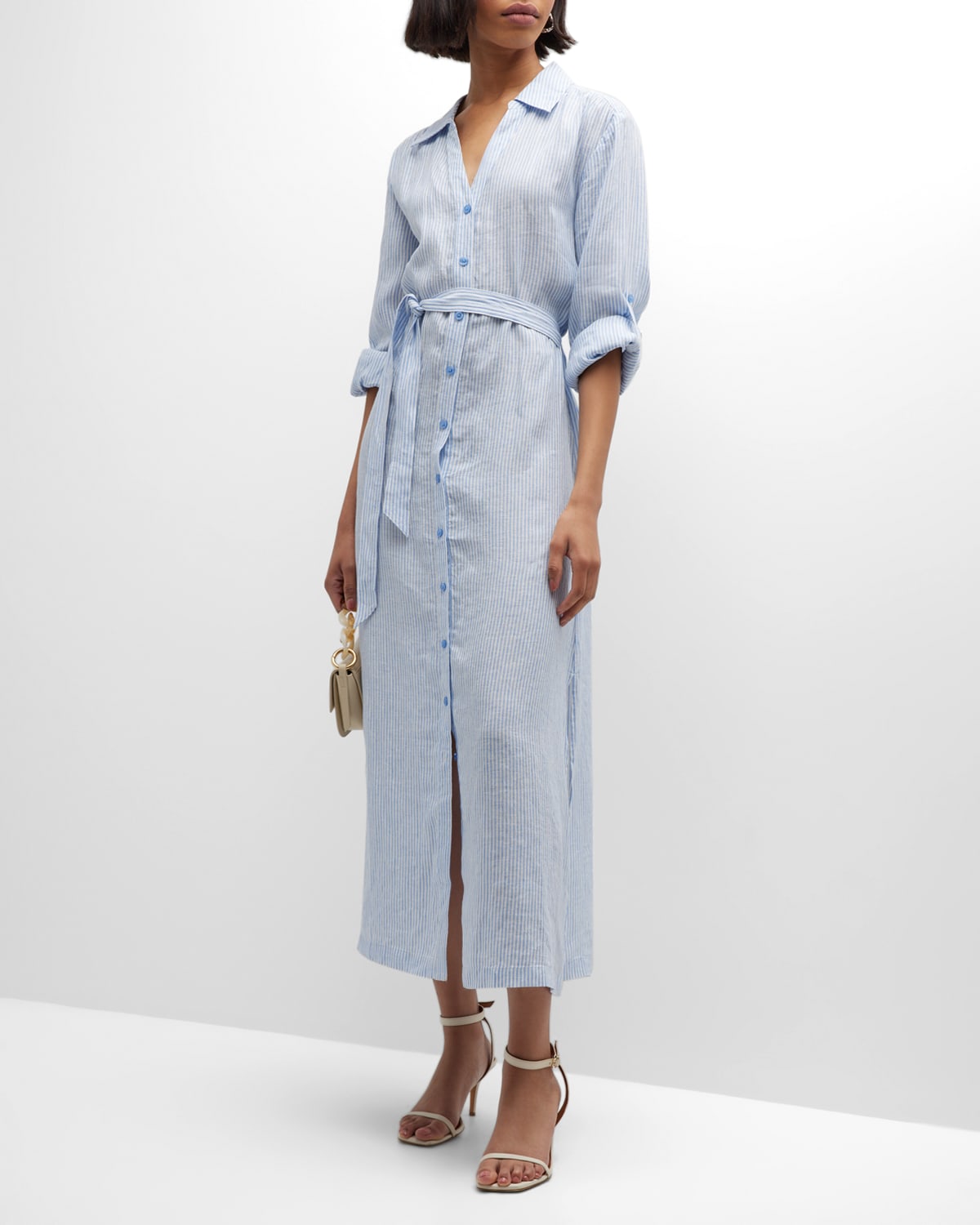 Simkhai Tallulah Striped Linen Shirting Belted Midi Shirtdress In Vista Blue