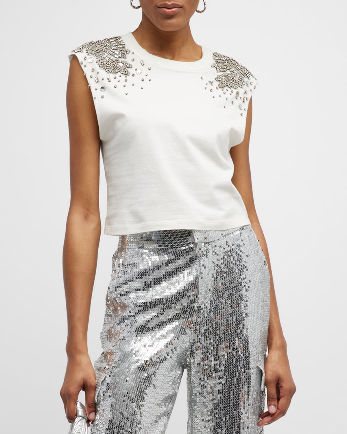 Alice And Olivia Micah Embellished Cropped Muscle Tank In White | ModeSens