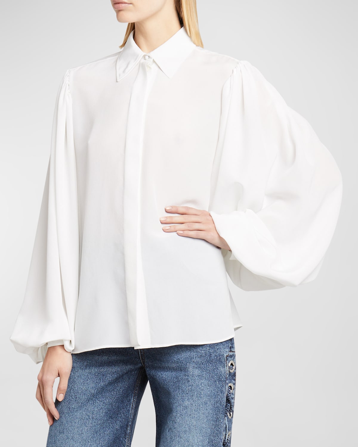 Blouson-Sleeve Organic Crepe De Chine Collared Shirt