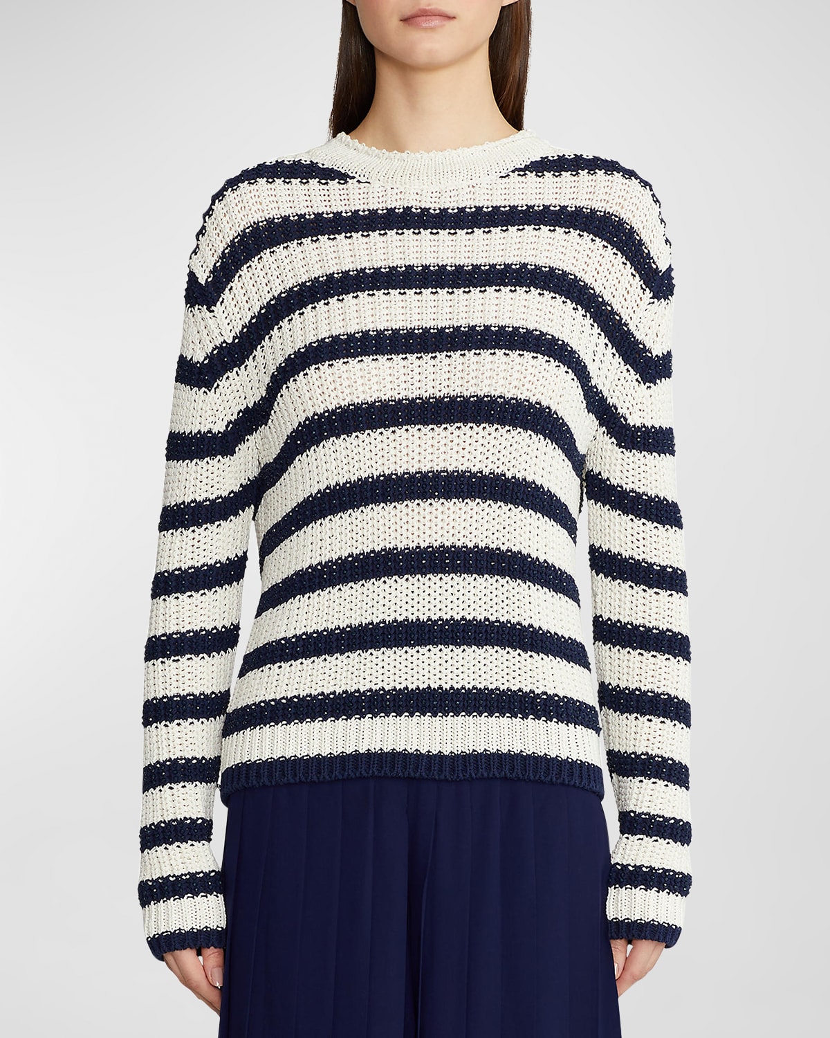 Polo Ralph Lauren Embellished Striped Long-sleeve Rollneck Sweater In Whitenavy