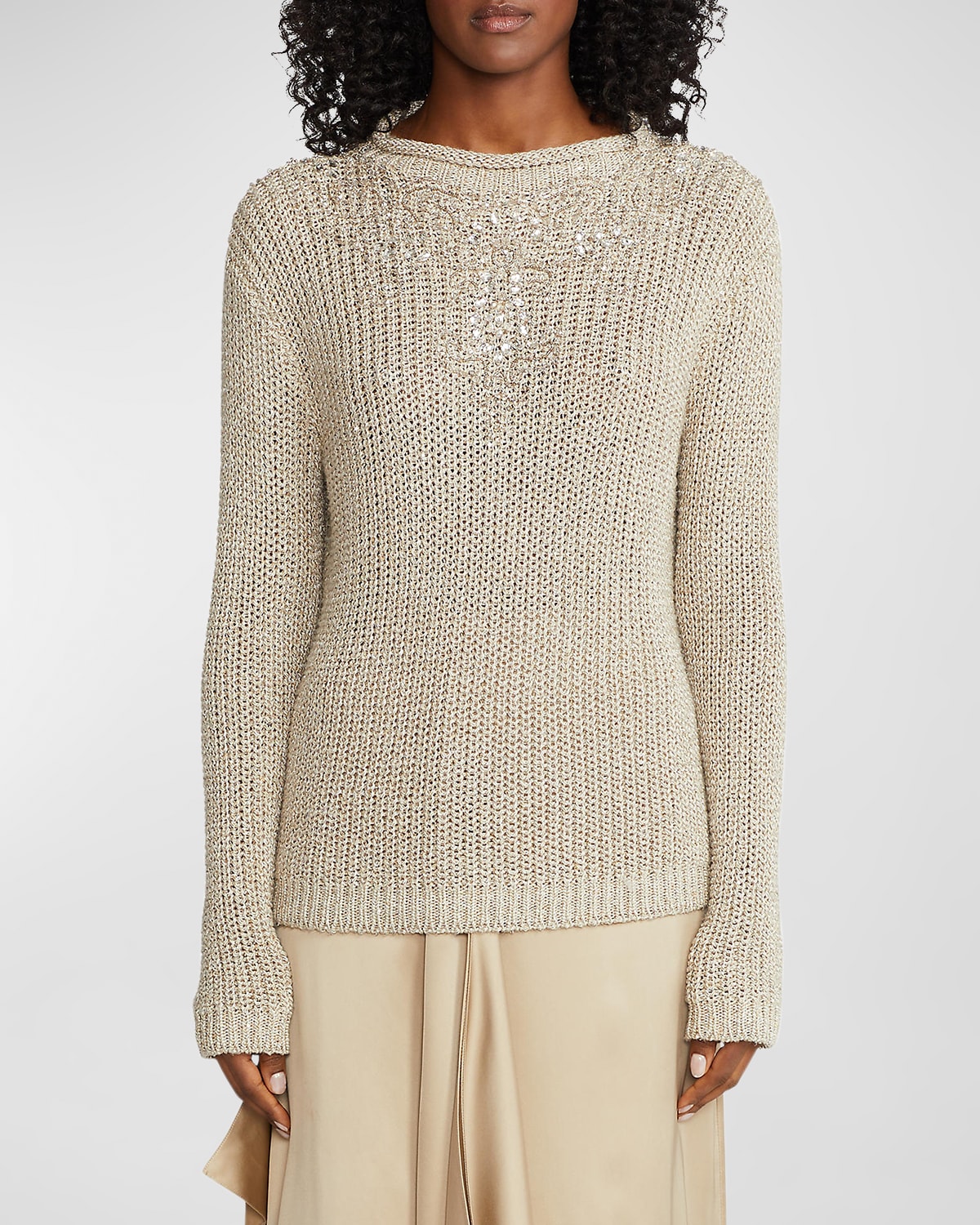 Crystal Embellished Roll-Neck Open Weave Sweater