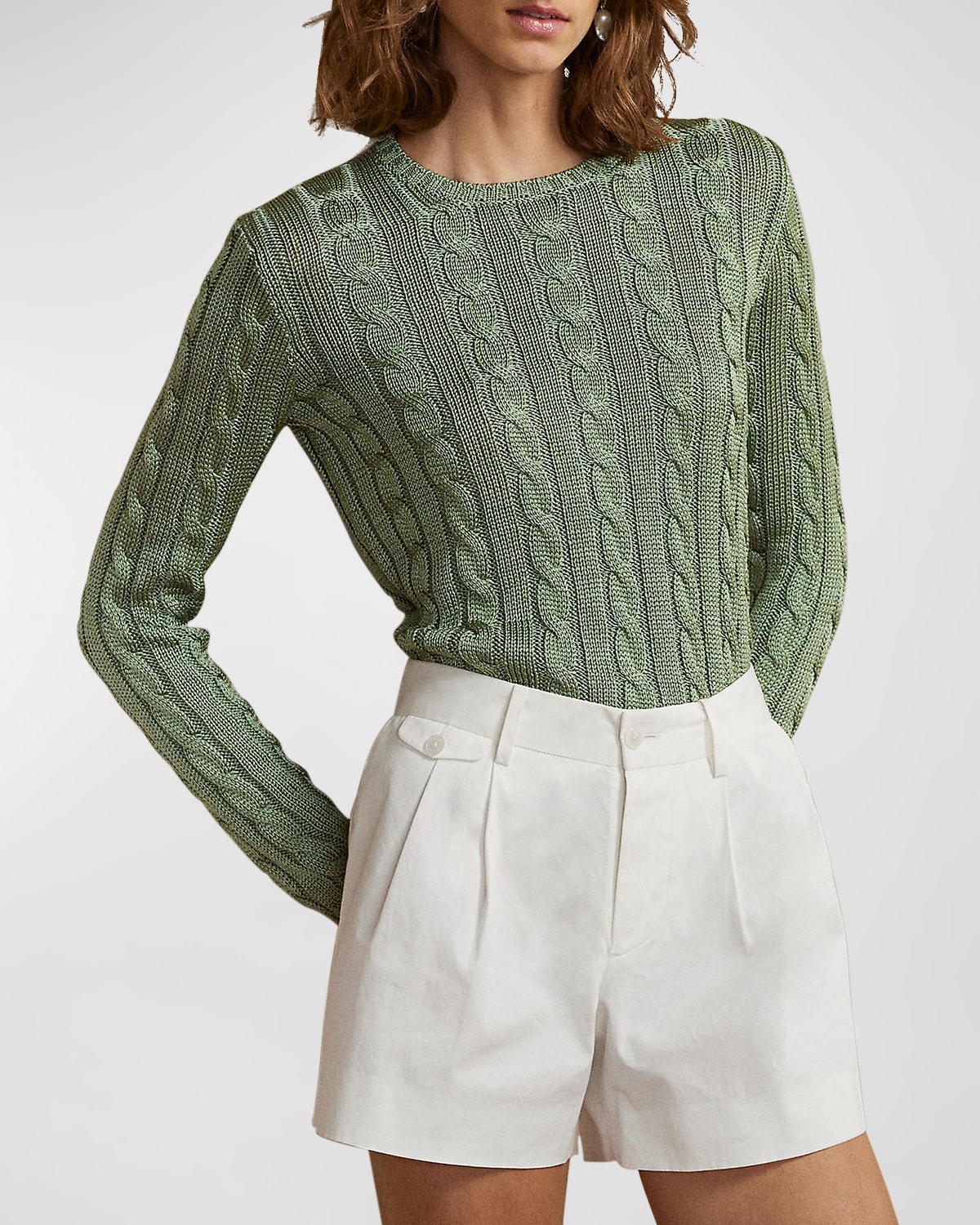 V-Neck Long-Sleeve Silk Cable-Knit Sweater