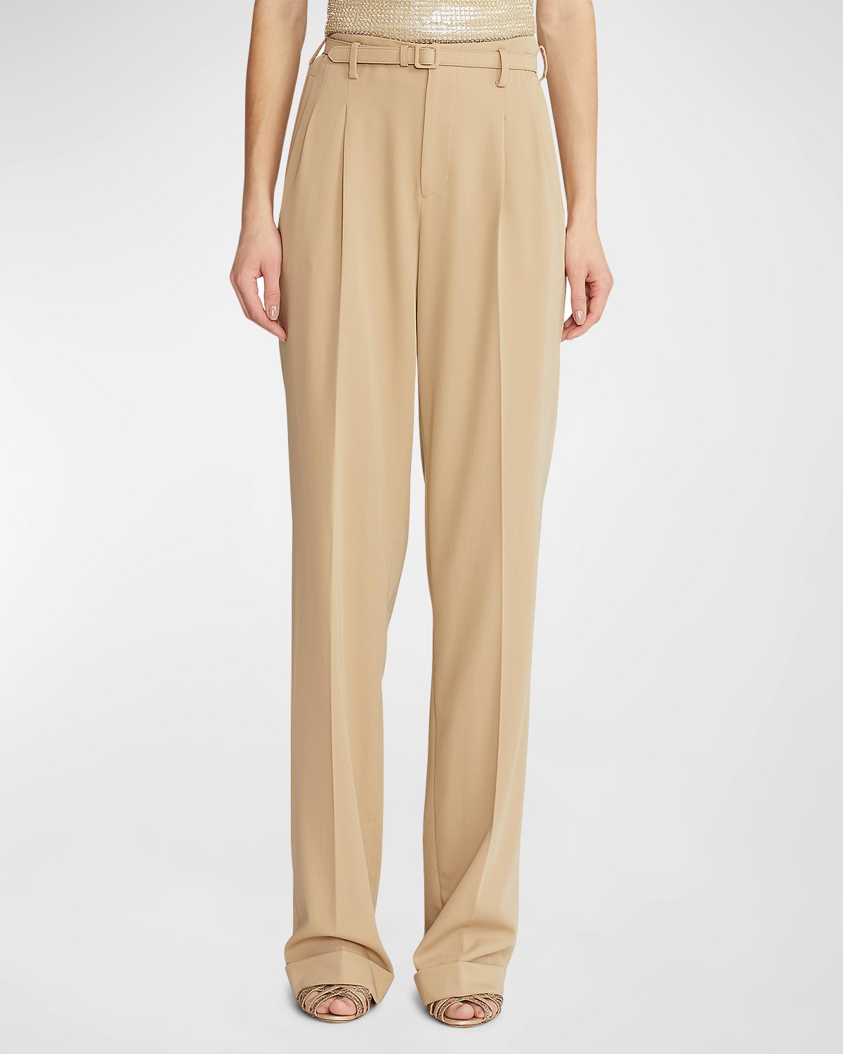 Stamford Pleated Belted Straight-Leg Satin Pants