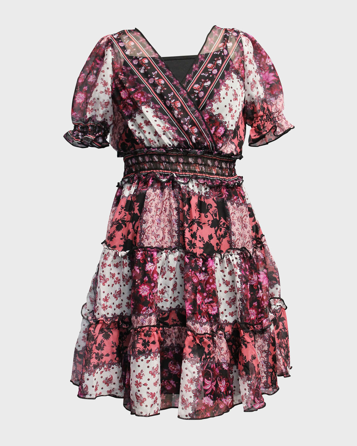 Marchesa Notte Mini Kids' Girl's Multicolor Patchwork-print Wrap Front Dress In Rose Multi