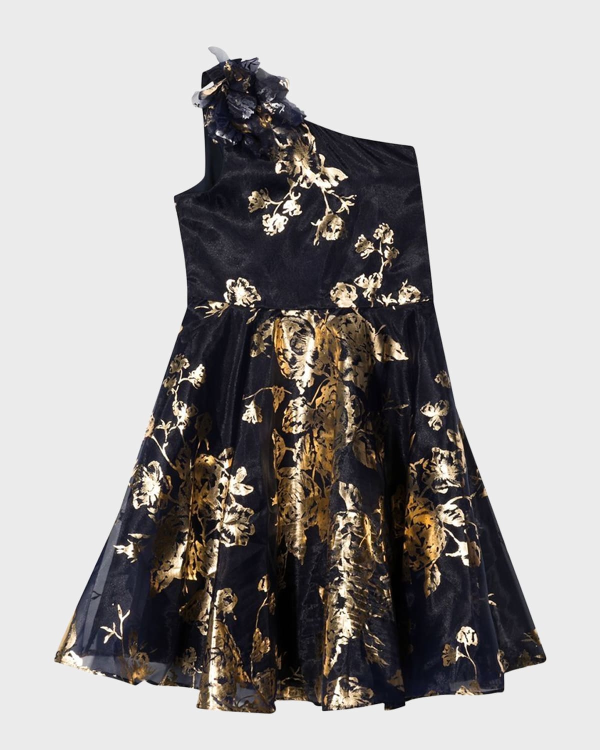 Marchesa Notte Mini Kids' Girl's One-shoulder Foiled Dress With 3d Flower In Navy