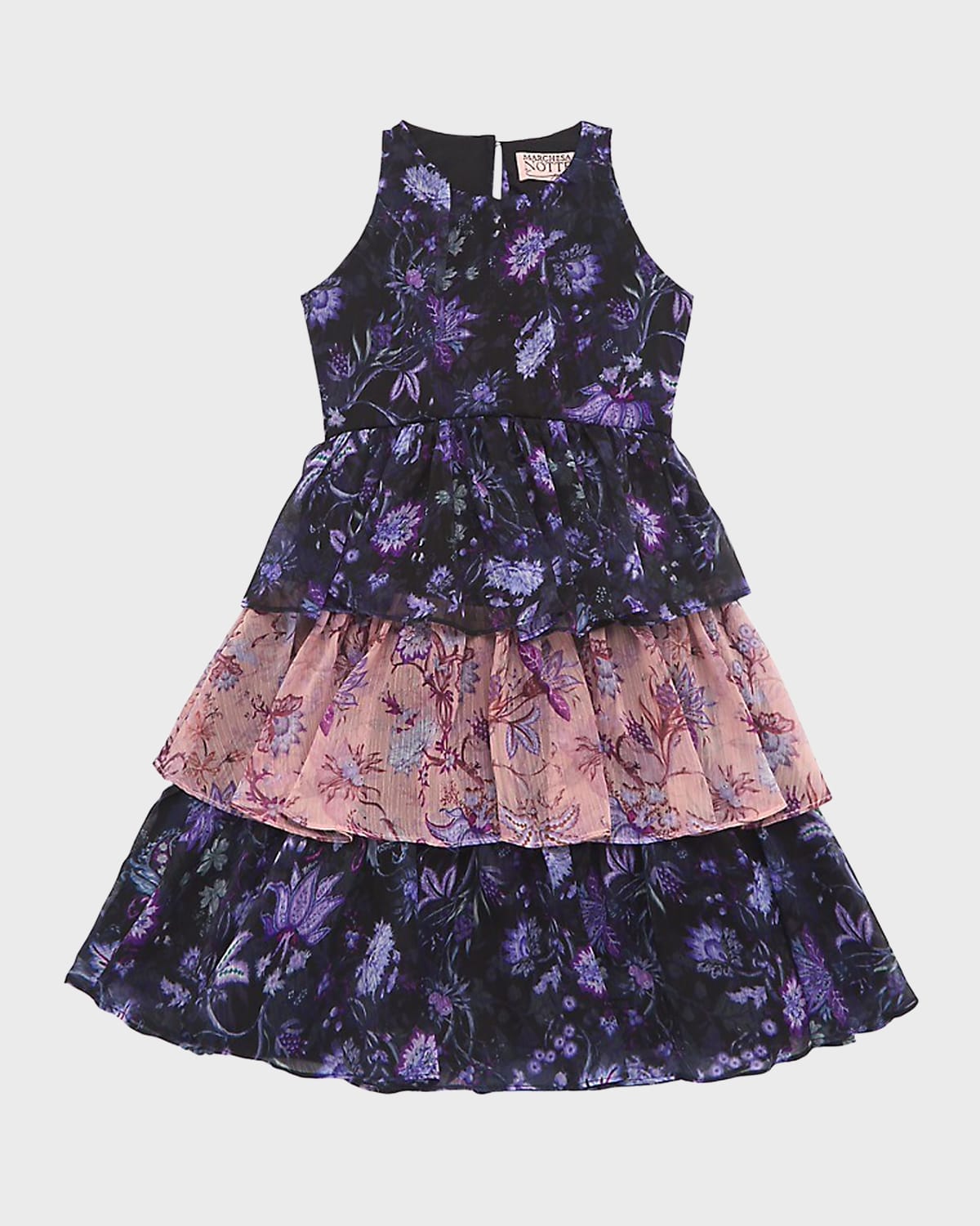 Marchesa Notte Mini Kids' Girl's Floral-print Chiffon Tiered Dress In Black Multi