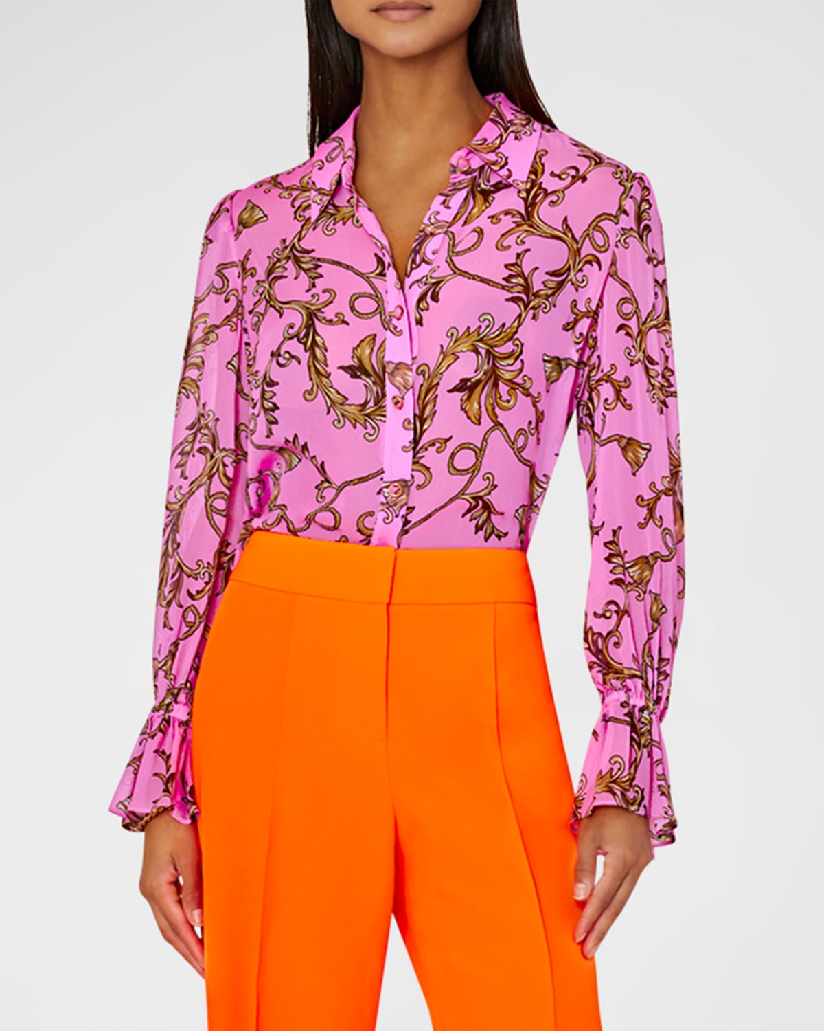 Milly Lacey Printed Button-down Blouse In Pink Multi