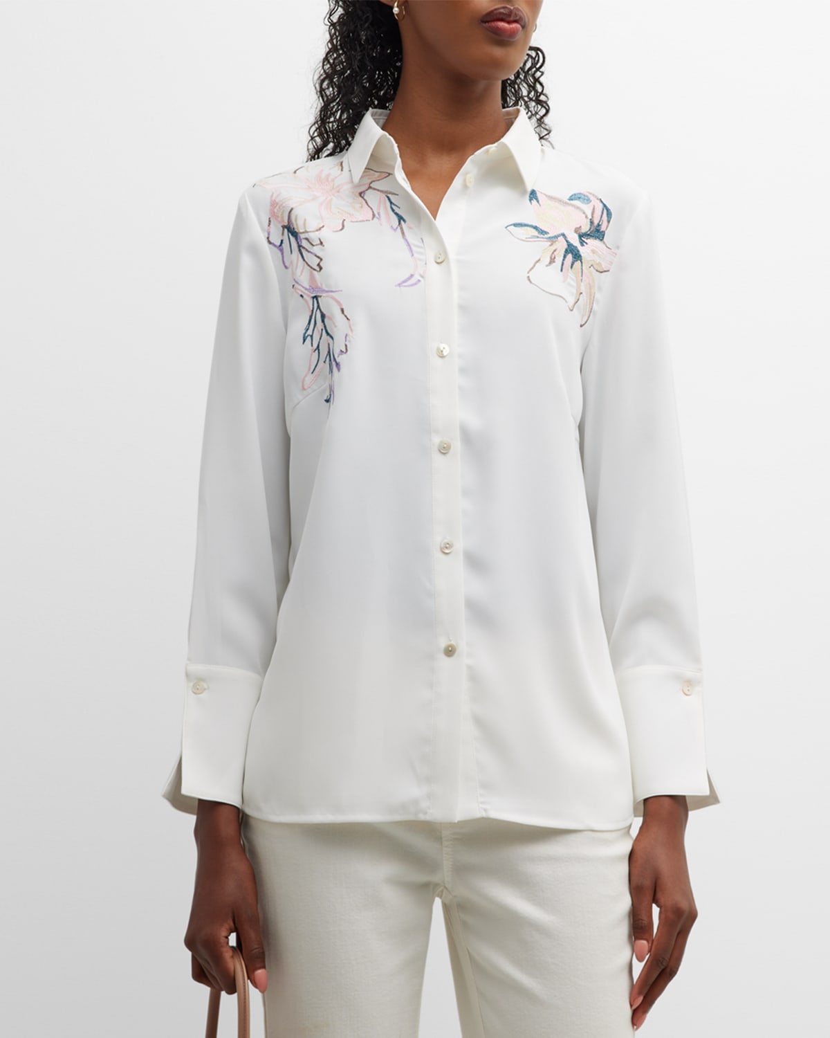 Crepe De Chine Button-Front Blouse with Floral Embroidery