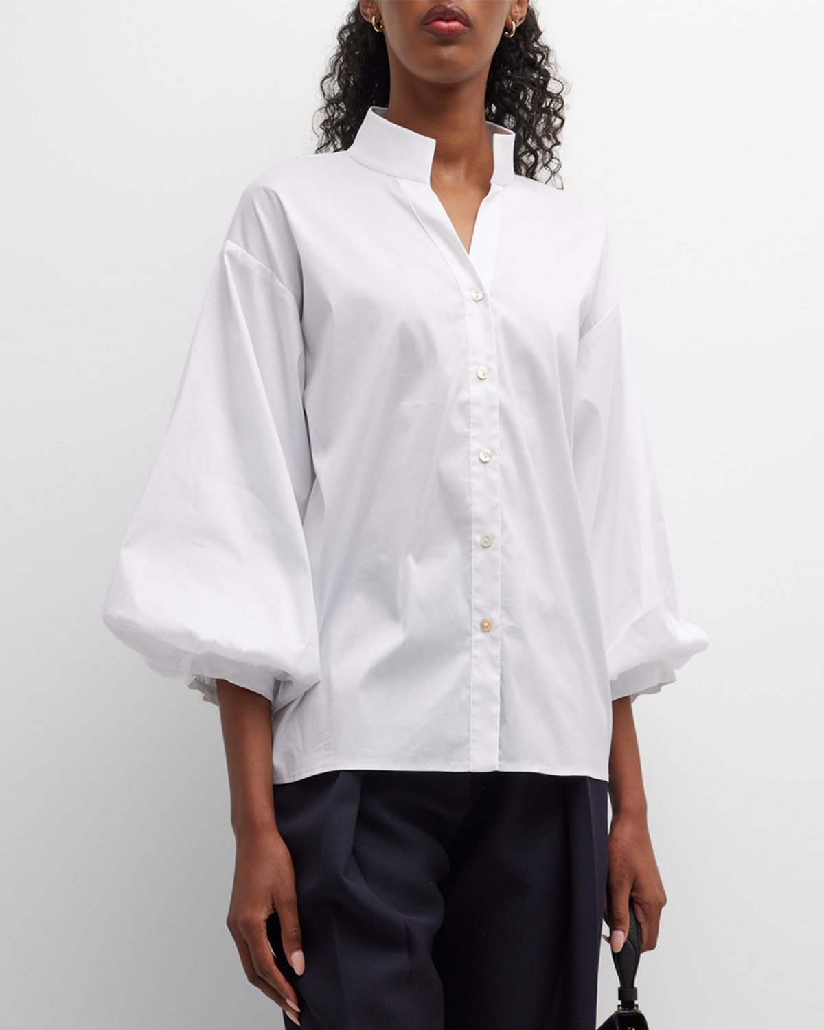Shop Misook Blouson-sleeve Stretch Cotton Blouse In White