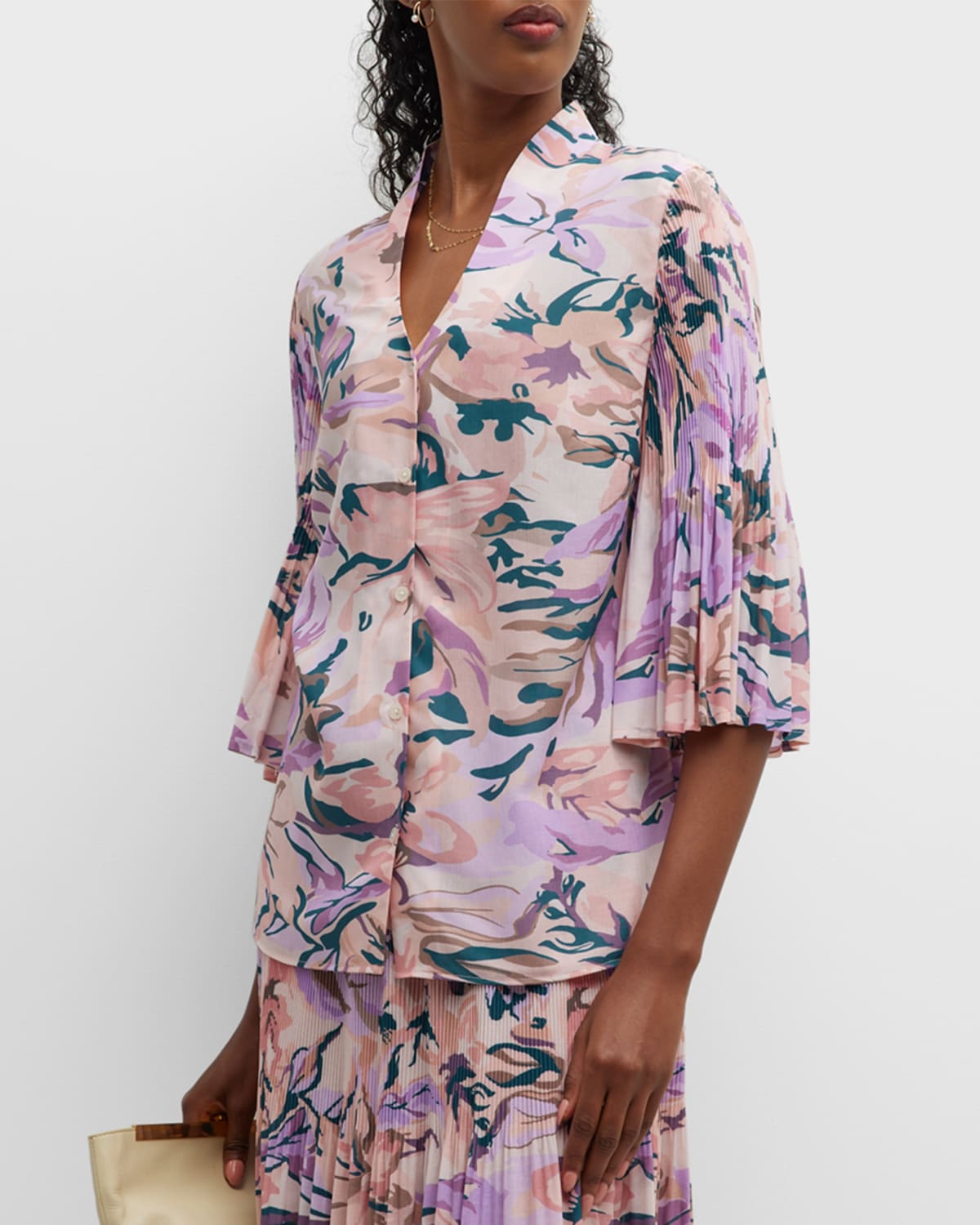 Crepe De Chine Floral-Print Blouse with Pleated Bell Sleeves