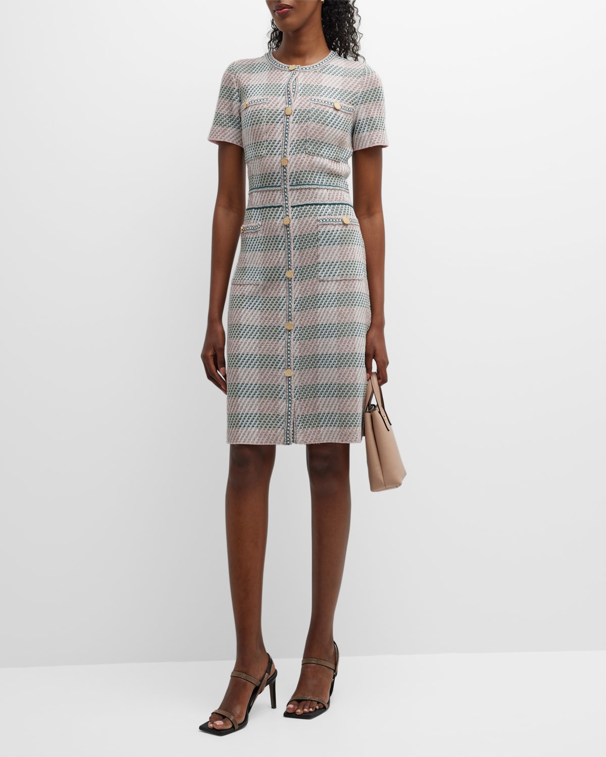 Plaid Tweed-Knit Button-Front Midi Dress