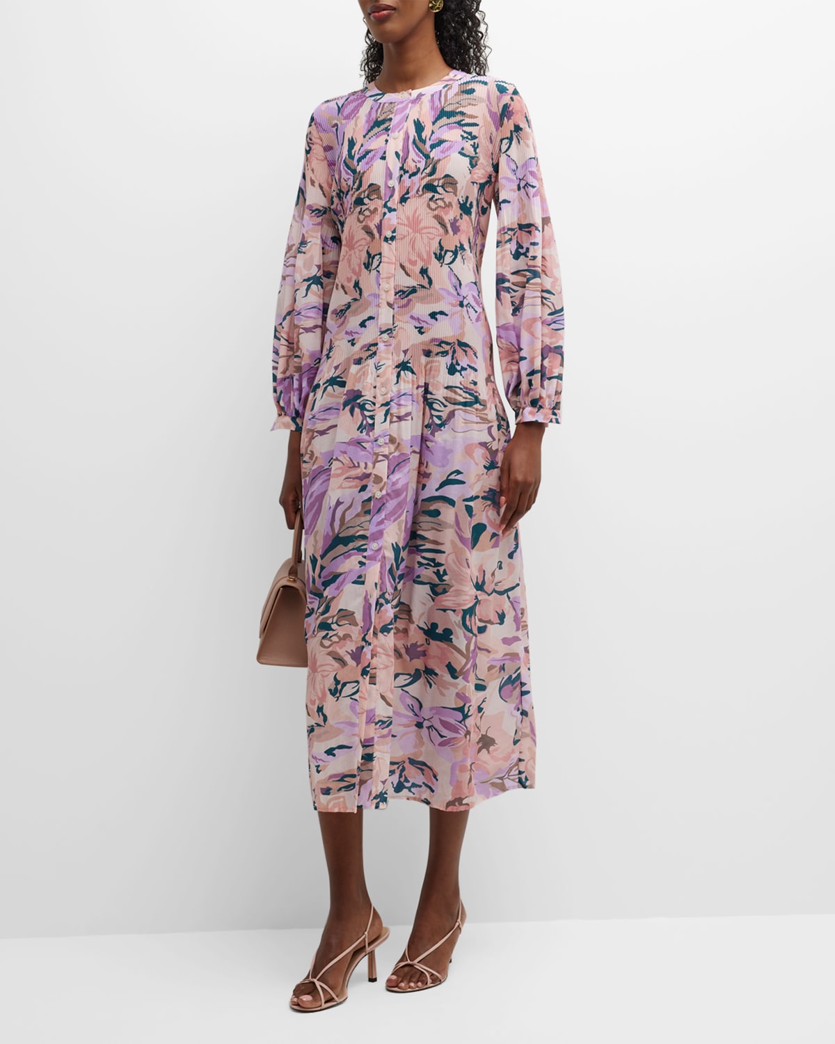 Misook Floral Drop Waist Balloon Sleeve Midi Dress In Rose Petal/macchi