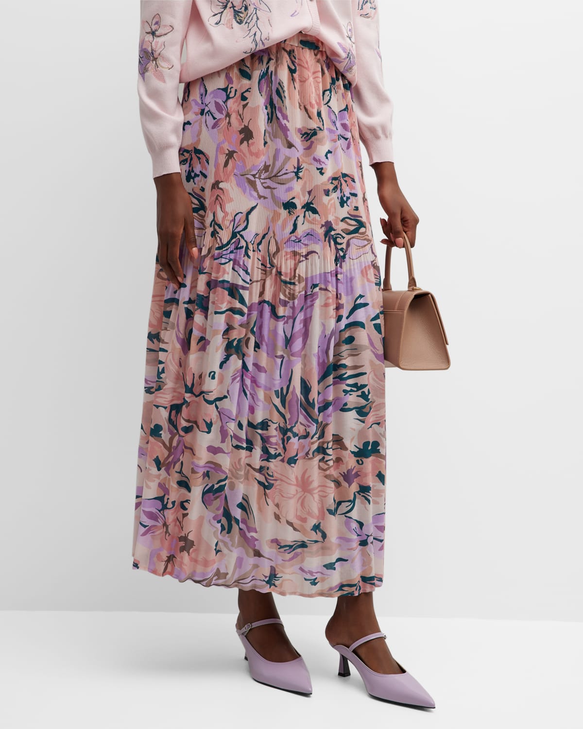 Floral-Print Pleated Crepe De Chine Maxi Skirt
