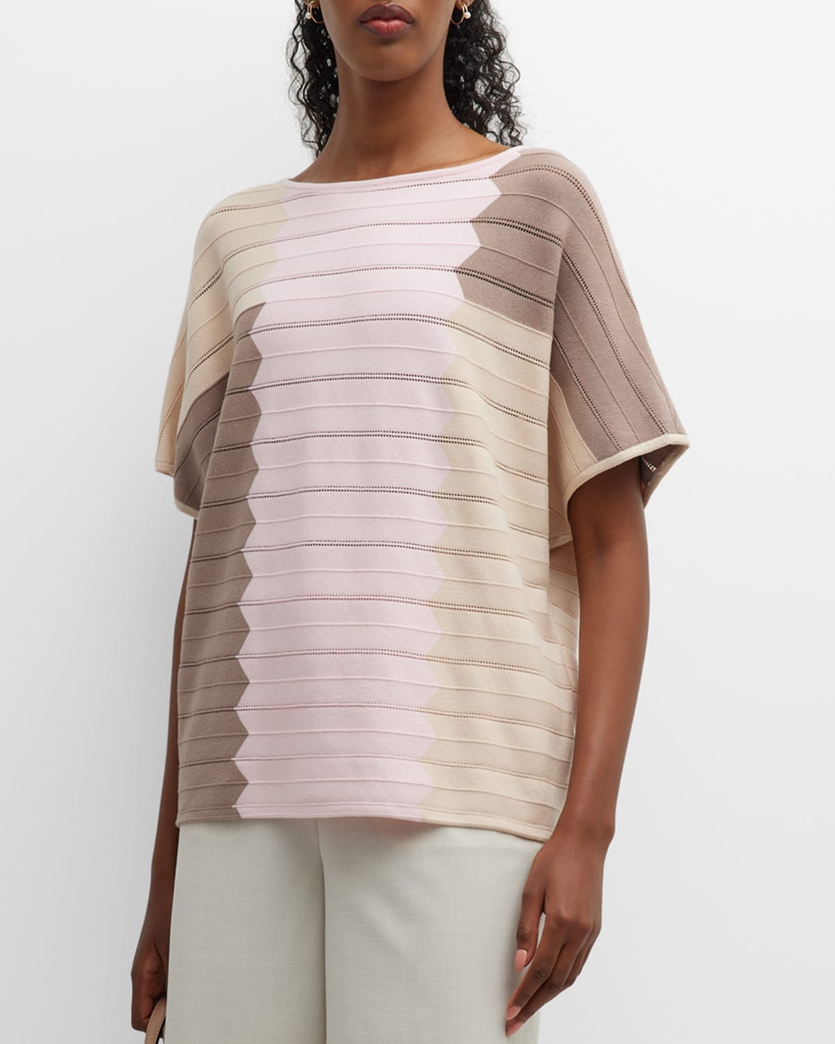 Misook Colorblock Pointelle Stitch Tunic Sweater In Rose Petal/biscot