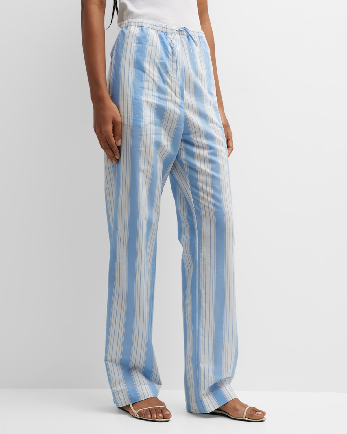 Totême Press-creased Drawstring Trousers Cornflower Stripe In Open Blue