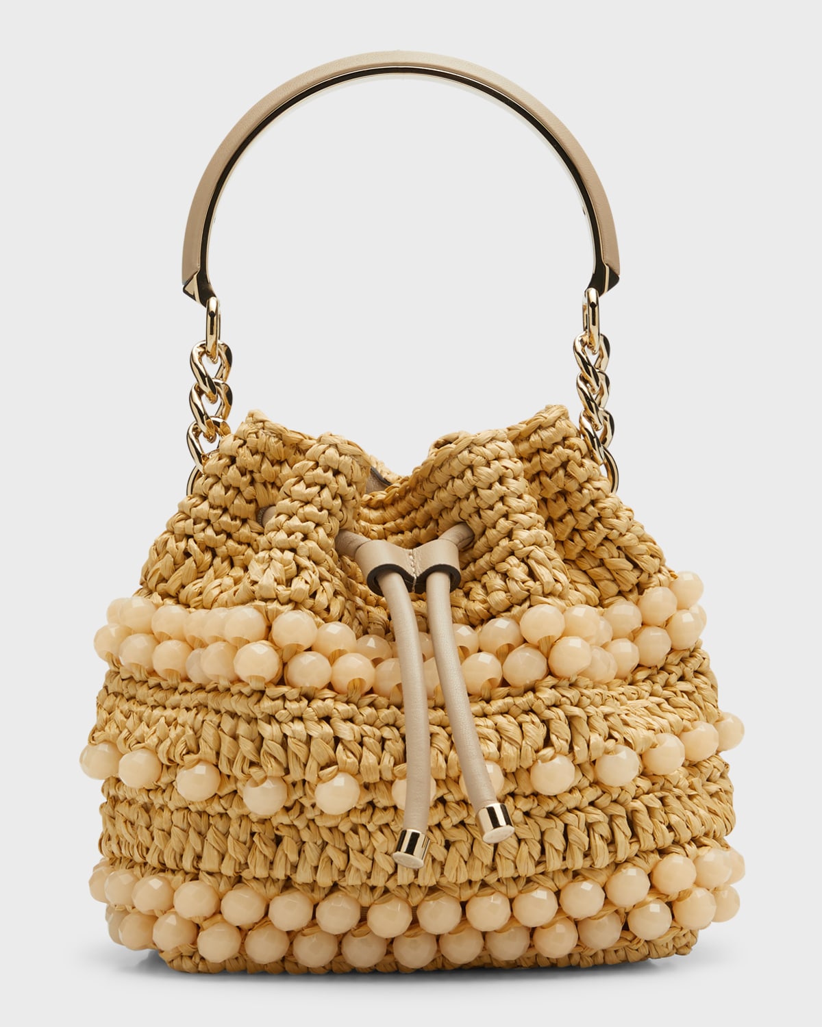 JIMMY CHOO BON BON BEADED RAFFIA BUCKET BAG