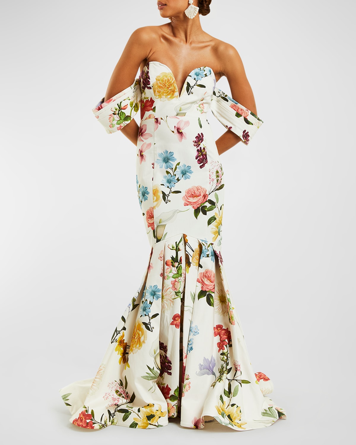 Mestiza New York Gloria Pleated Floral-print Mermaid Gown In Ivory Garden