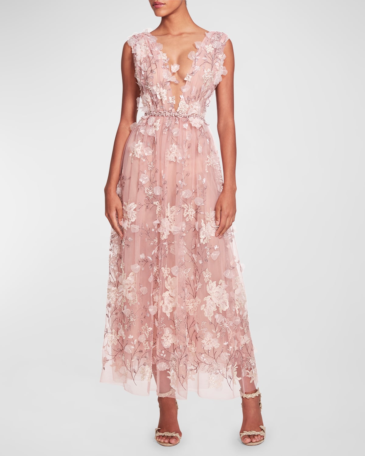 MARCHESA PLUNGING FLORAL APPLIQUE BEADED TULLE MAXI DRESS