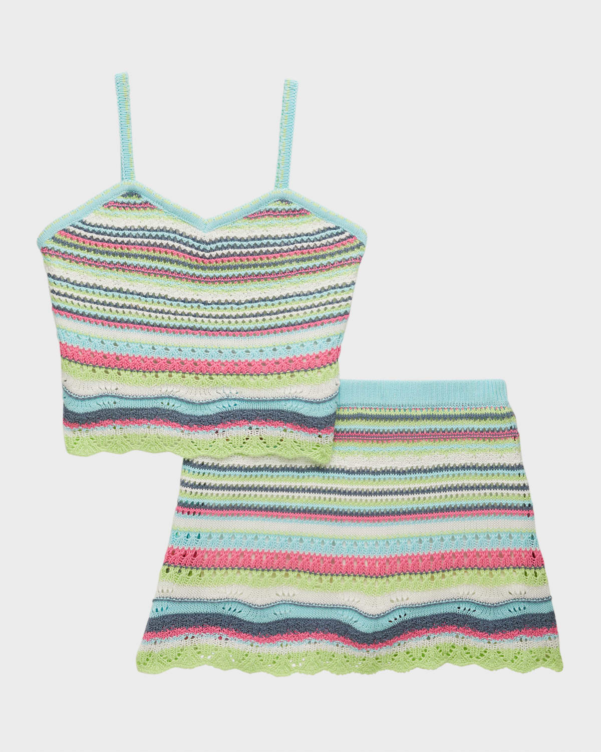 Girl's Crochet Stripe Skirt 2-Piece Set, Size S-XL