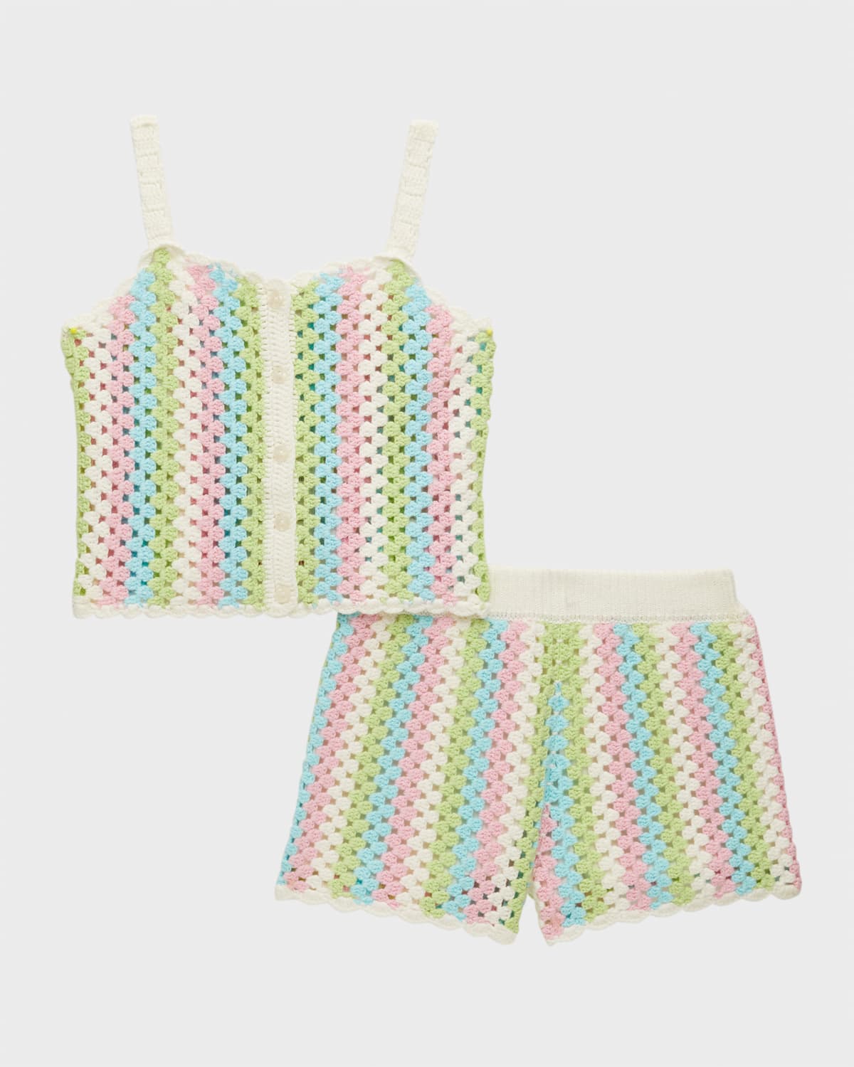Girl's Stripe Crochet Two-Piece Shorts Set, Size 4-6X