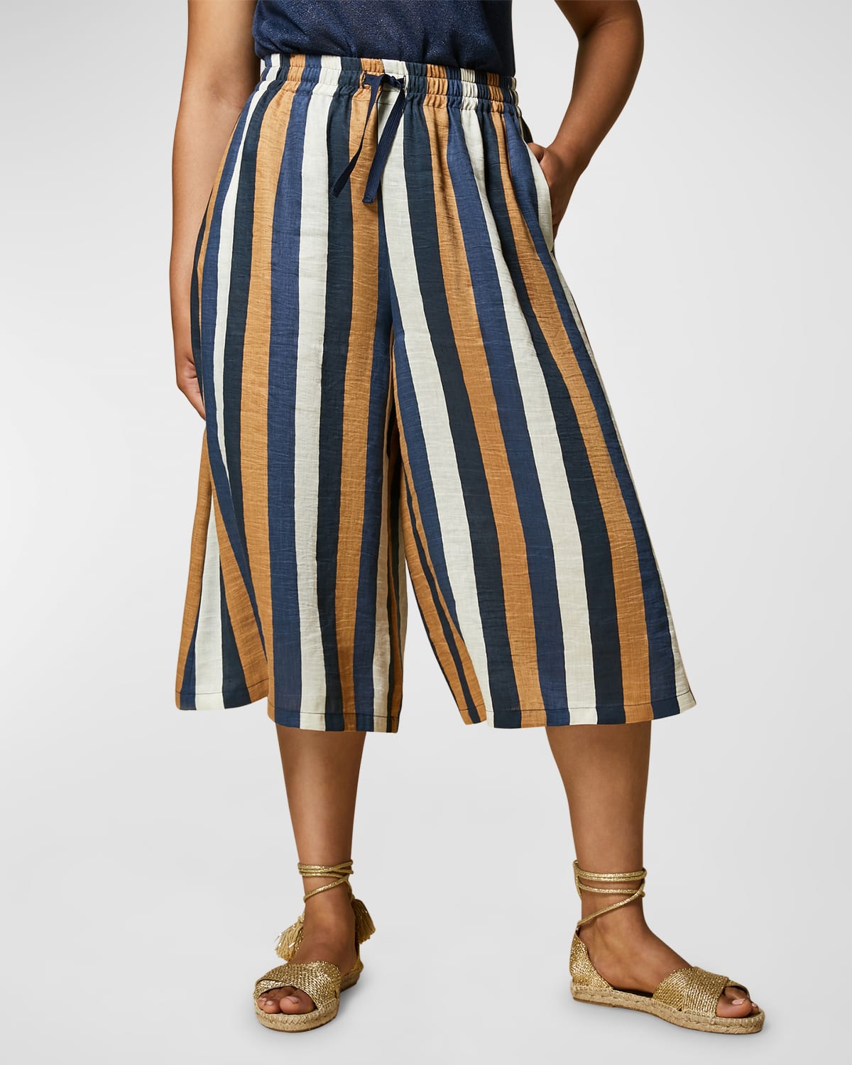 Marina Rinaldi Plus Size Renzo Striped Linen Culottes In Beige