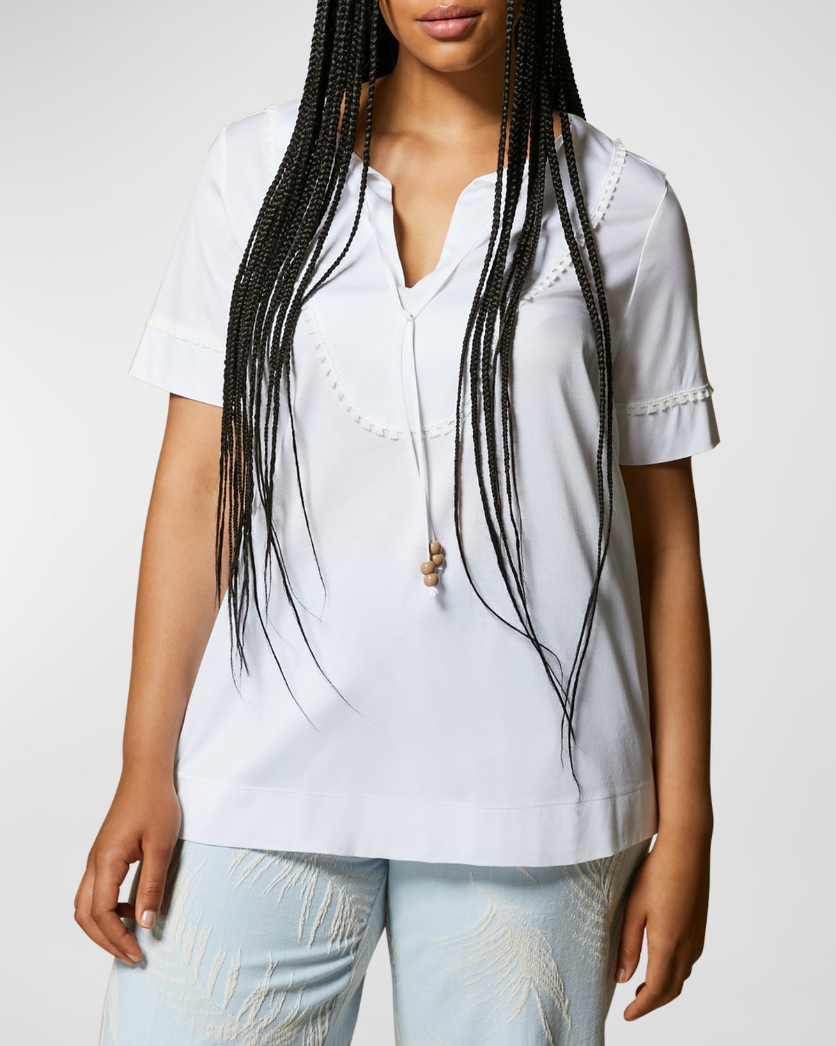 Marina Rinaldi Valenza Tie-Front Fringe-Trim Jersey T-Shirt