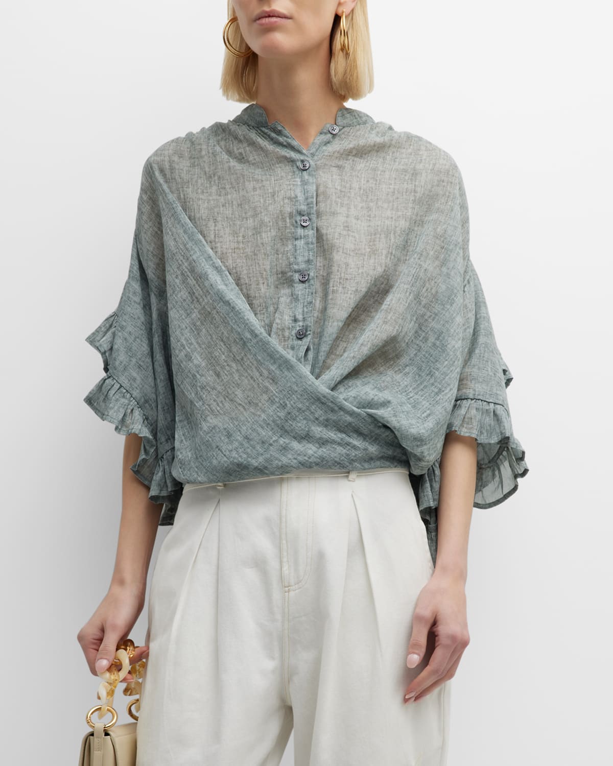 Dolly Flutter-Sleeve Tie-Front Cotton Shirt