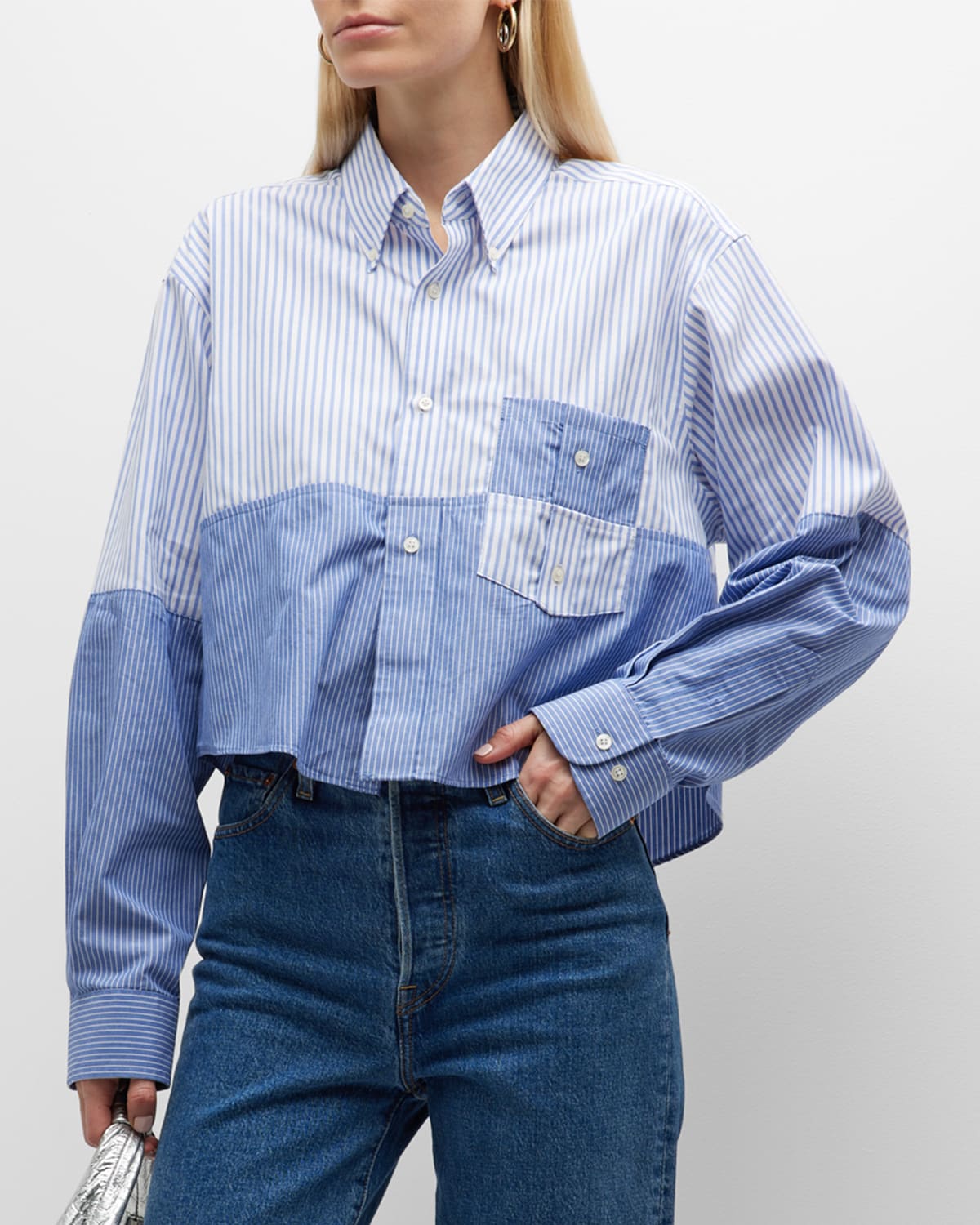 Rentrayage Gondola Cropped Patchwork Shirt - Limited Edition In Blue Stripe