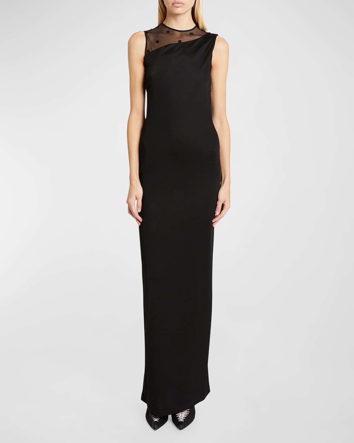 GIVENCHY SATIN COLUMN GOWN WITH TULLE INSET DETAIL