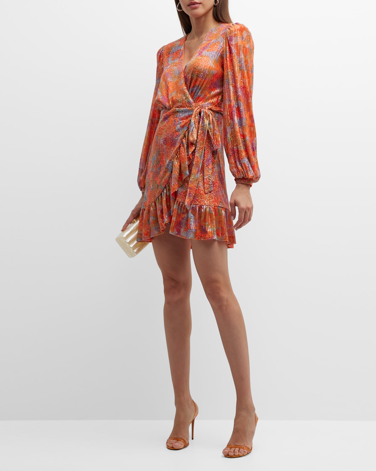 Sequin Abstract-Print Flounce Wrap Dress