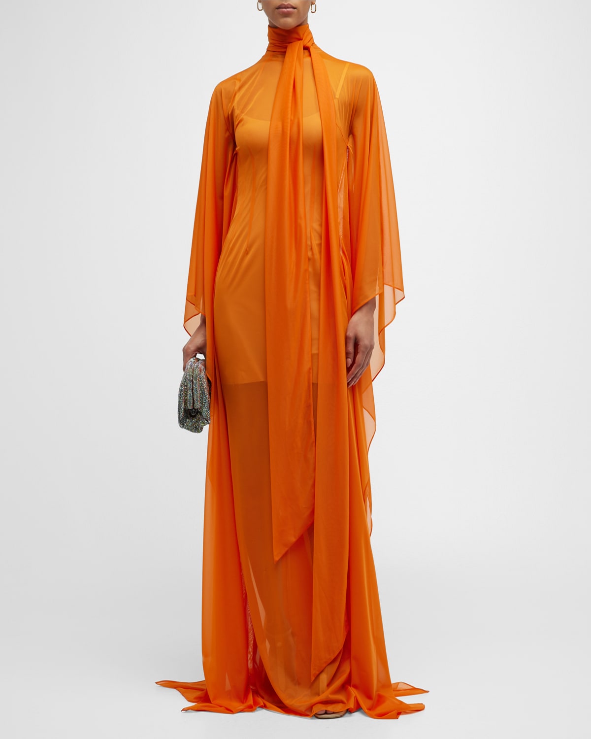 LAQUAN SMITH SHEER TIE-NECK GOWN WITH SWEEPING DOLMAN SLEEVES