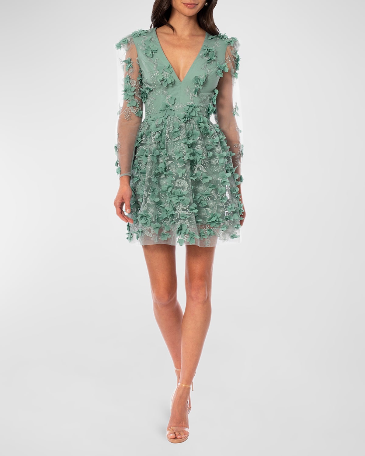 HELSI Sidney Illusion-Sleeve Floral Applique Dress
