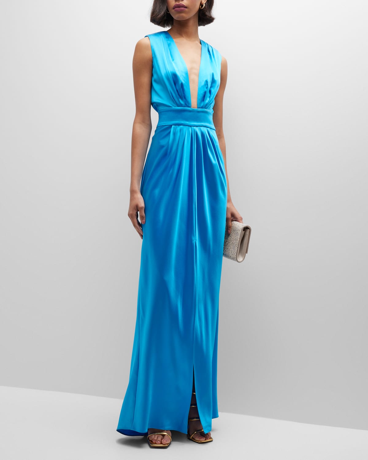 Ramy Brook Quinn Plunge Neck Satin Gown In Lake | ModeSens