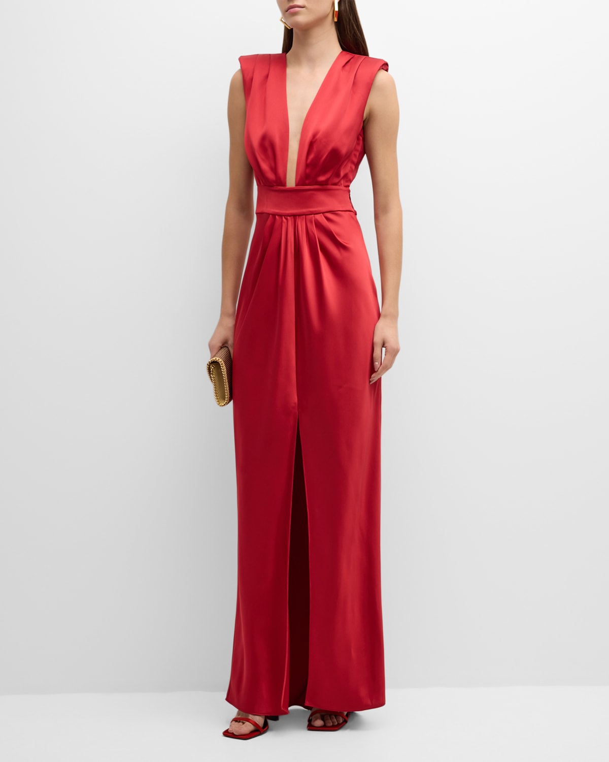 Ramy Brook Quinn Pleated Deep V-neck Satin Gown In Soiree Red