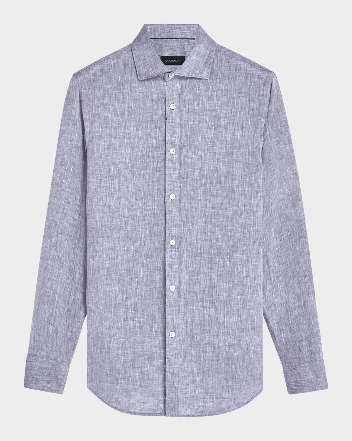 Bugatchi Shaped Fit Solid Linen Button-up Shirt In Navy